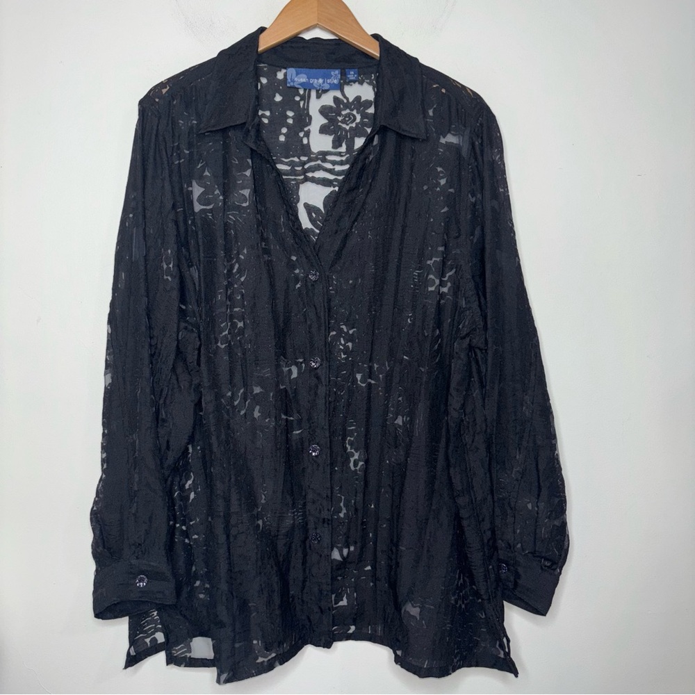 Susan Graver Lace Mesh Button-Front Top Black Size 2X Long Sleeve V-Neck Collar - Picture 11 of 13